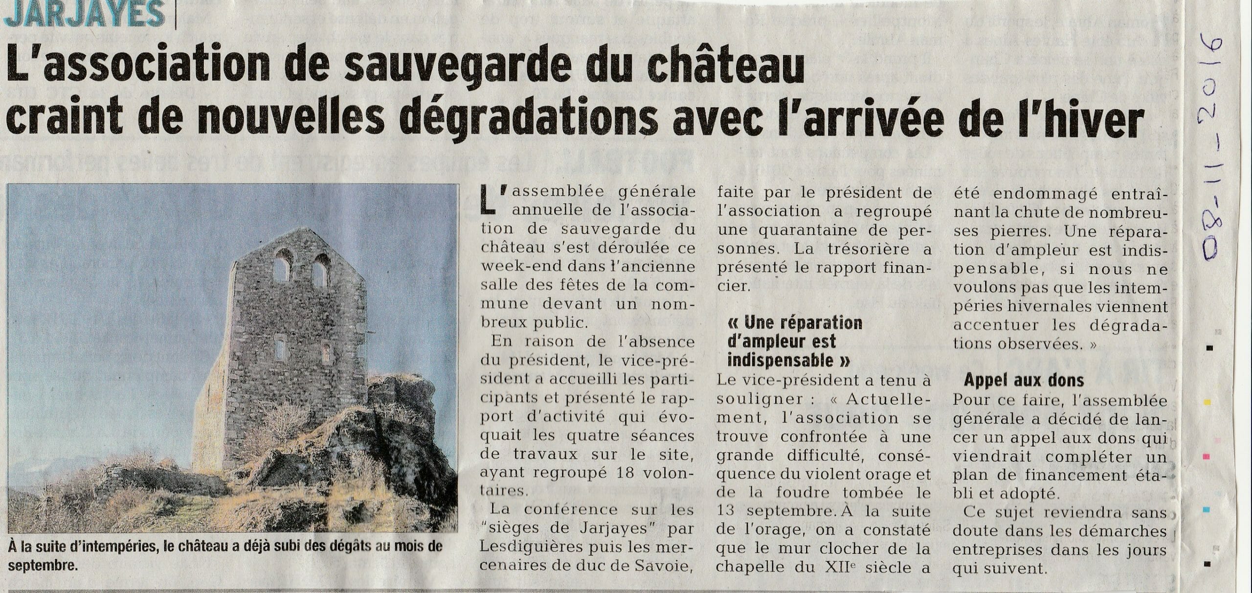Jarjayes3C Article Dauphiné Libéré du 08 11 2016
