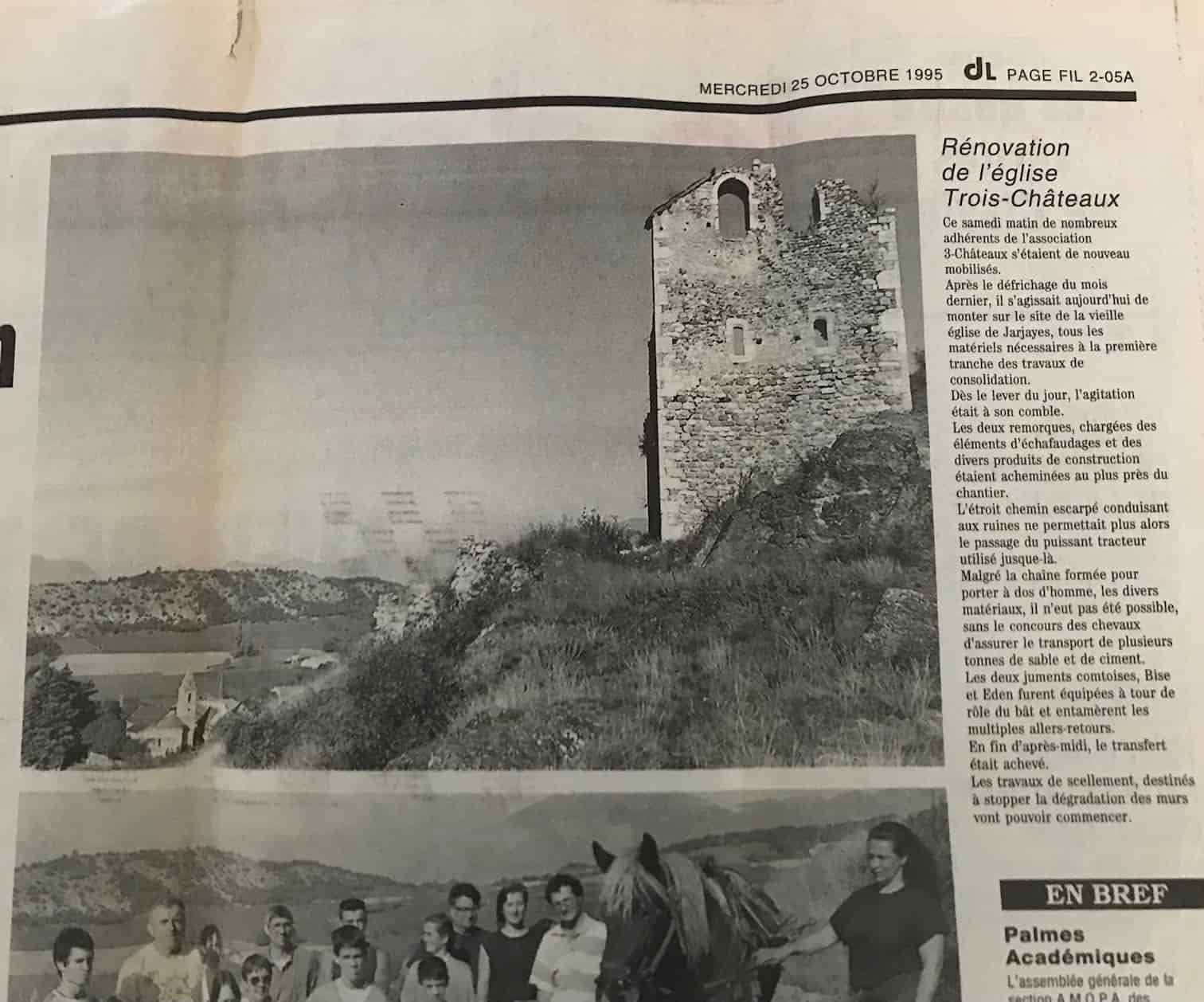 Jarjayes Trois-Châteaux - Article du Dauphiné Libéré du 25/10/1995