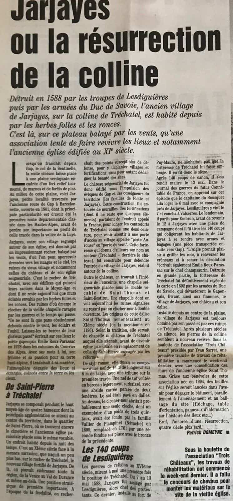 Jarjayes Trois-Châteaux - Article du Dauphiné Libéré du 25/10/1995