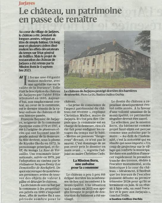 Jarjayes- article Dauphiné Libéré du 5/11/2023