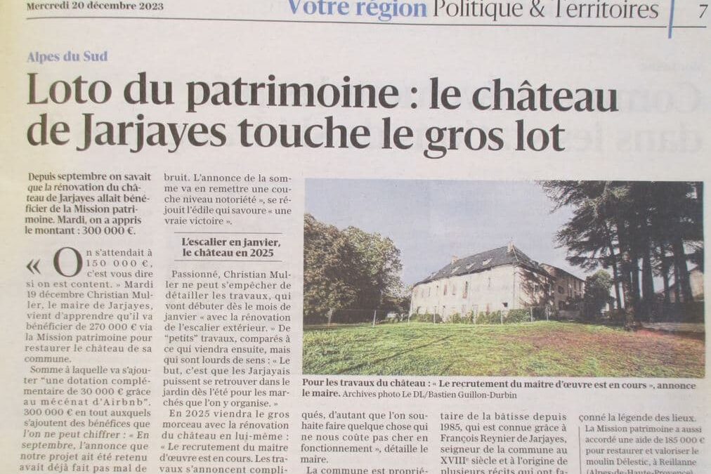 CHATEAU DE JARJAYES, LE PERE NOEL EST PASSE : ARTICLE DU DAUPHINE LIBERE DU 20 DECEMBRE 2023