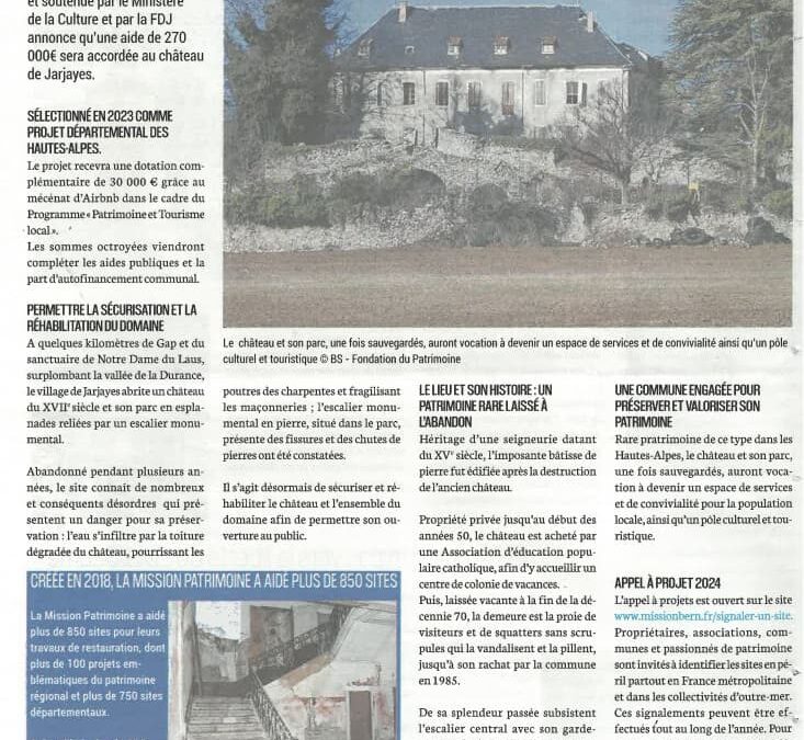 Article de l’Hebdo « Alpes & Midi » du 28 décembre 2023 : 270 000 € pour le Château de Jarjayes