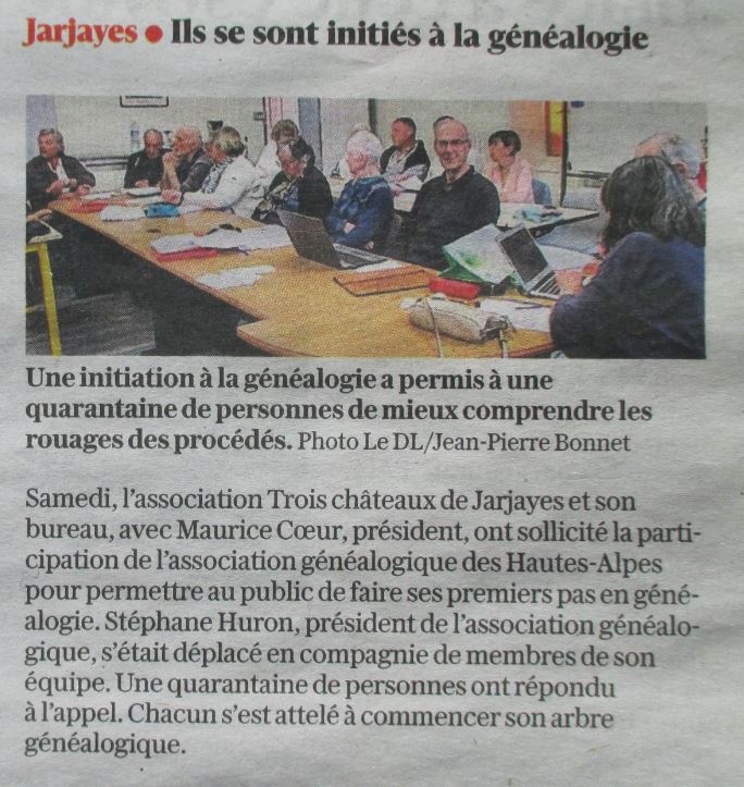 Association Trois-Châteaux Jarjayes - Atelier généalogie - Article Dauphiné Libéré 28 04 2025