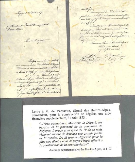 Asso Trois-Châteaux - Construction église de Jarjayes - Lettre E De Ventavon 31 08 1873