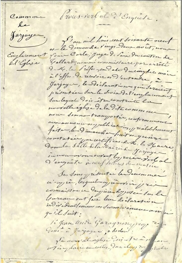 Enquête sur l'emplacement de la nouvelle église de Jarjayes 22 08 1869 (collection privée Association Trois-Châteaux