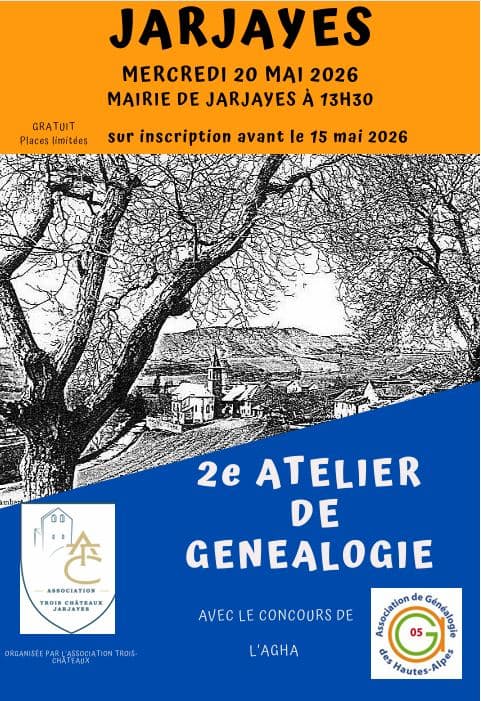 Association Trois-Châteaux- Affiche 2e atelier généalogie jarjayes