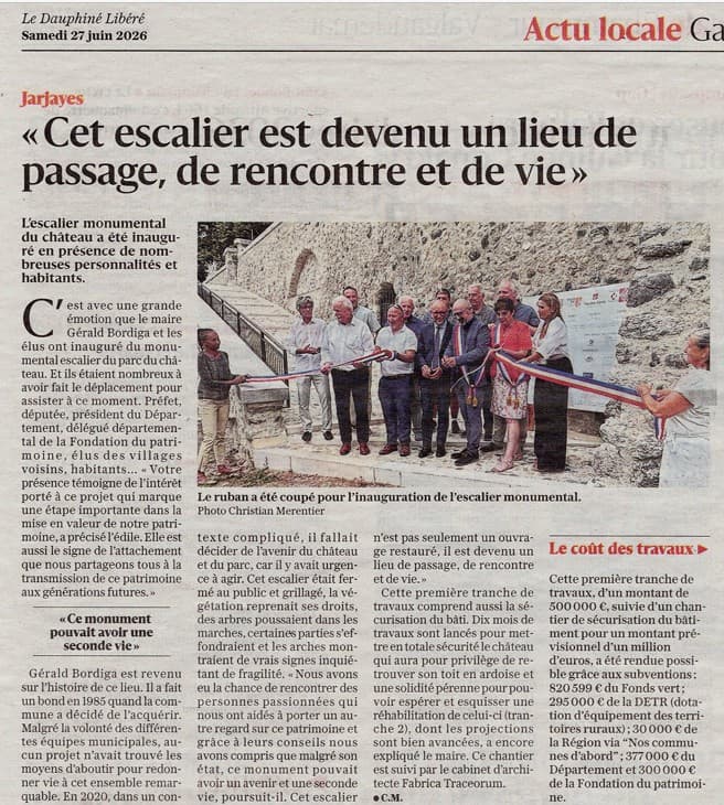 Inauguration de l'escalier monumental du château : Article du Dauphiné Libéré du 27 06 2026